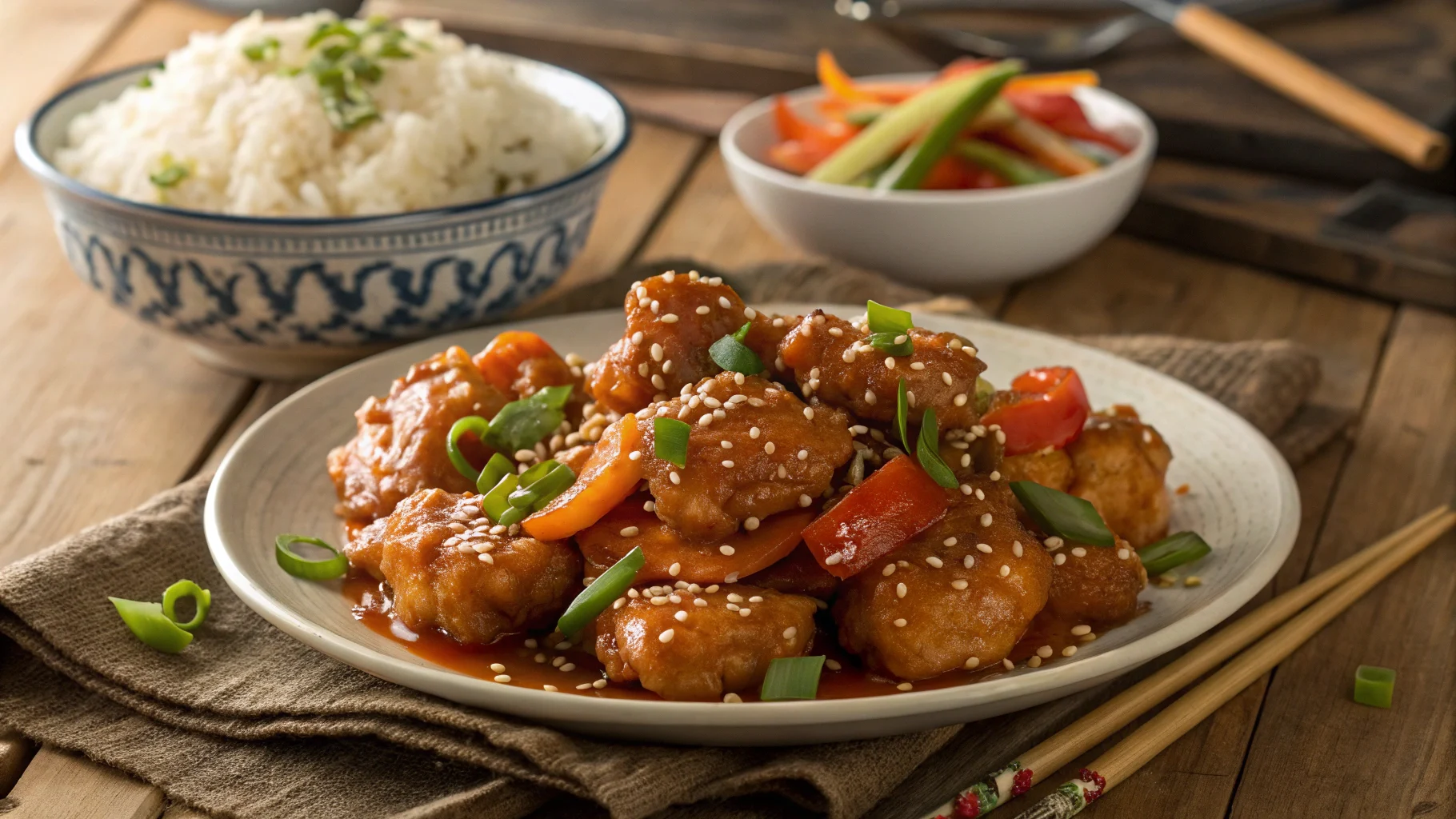Sweet and sour chicken served with steamed rice and vegetables, coated in a glossy sauce.