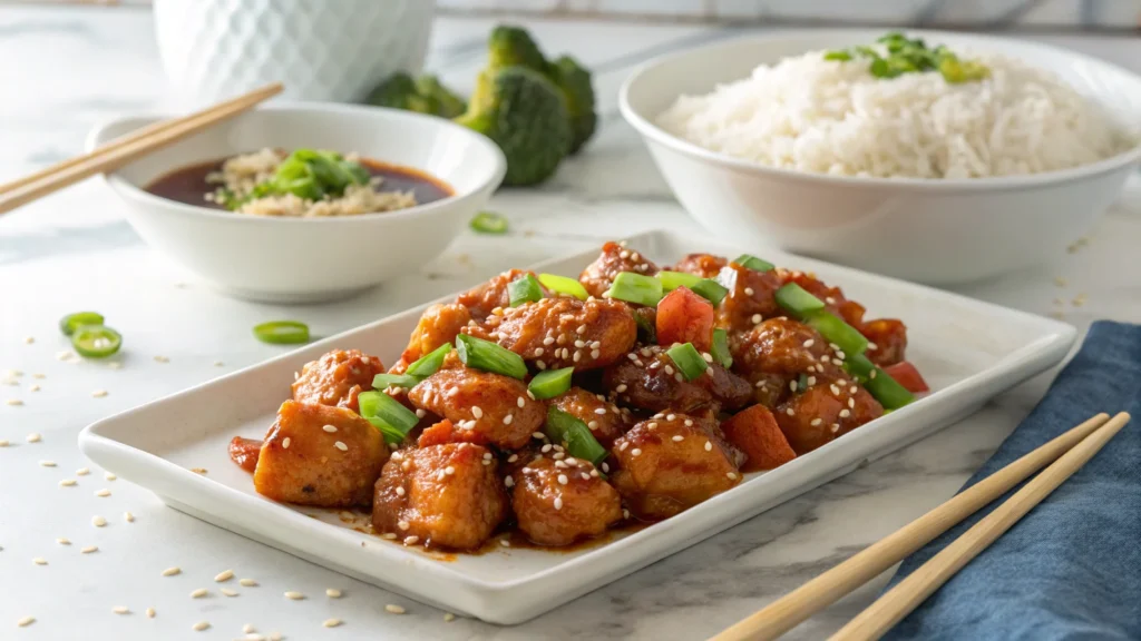 General Tso’s chicken and sweet and sour chicken on a plate with rice and broccoli.