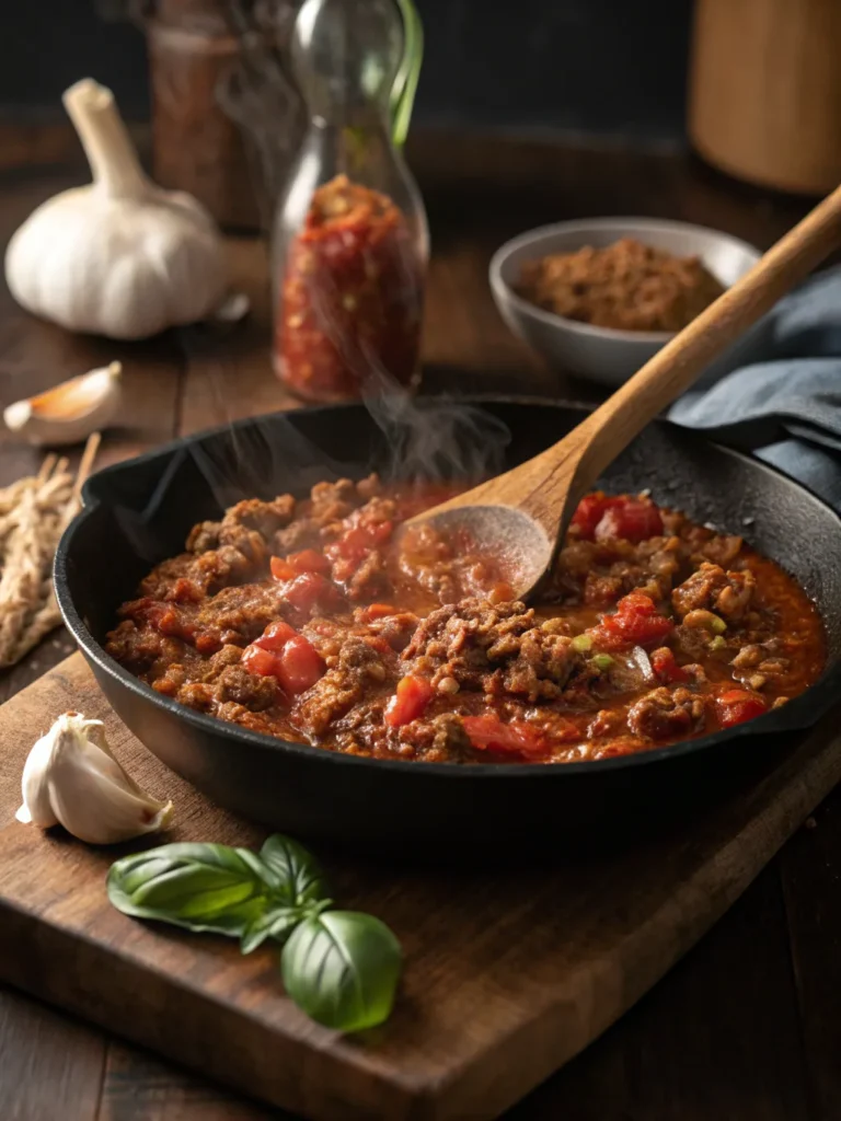 A skillet filled with rich, simmering meat sauce for a San Giorgio lasagna recipe, with steam rising and fresh ingredients nearby.