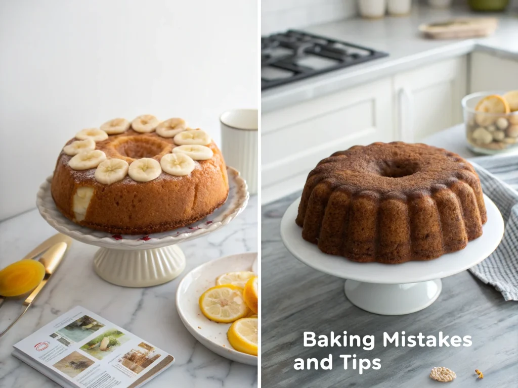 A side-by-side comparison of a successful banana-based cake and a failed version, highlighting common mistakes in baking with banana substitutes.